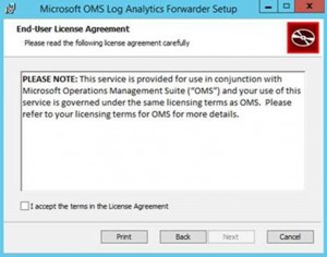 End-User License Agreement dialog box for OMS Log Analytics Forwarder