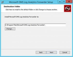 Dialog box that shows the folder where OMS Log Analytics Forwarder is installed