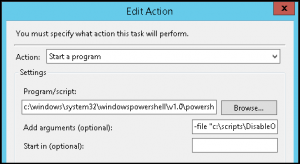 Screenshot of the –file "c:\scripts\DisableOMSUpdates.ps1" argument in the Edit Action dialog box for a scheduled task.