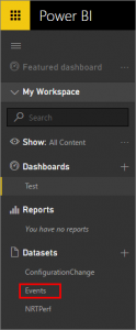 On the PowerBi.com website, the Events dataset and two datasets that were created earlier.