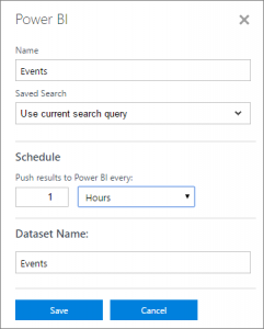 Image of dialog box that has options to schedule delivery of search results to Power BI.