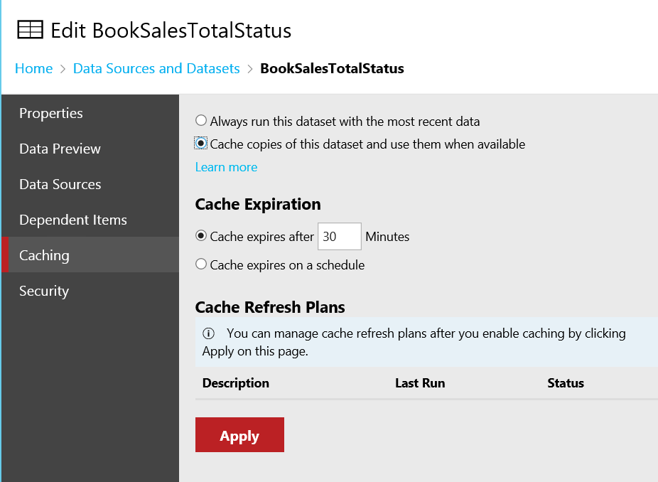 Enable Caching in SSRS 2016