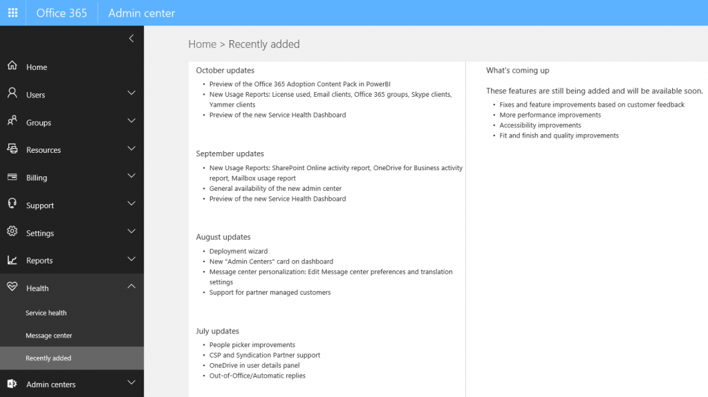 O365 Admin Center - Home - Recently Added