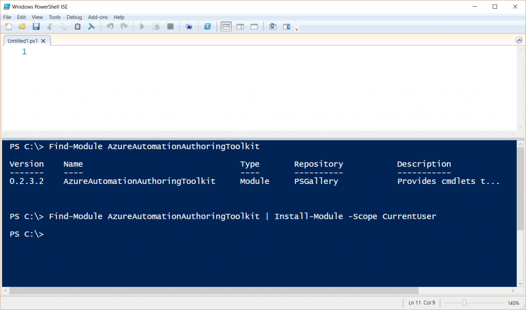 Screenshot of Windows PowerShell ISE after executing the command to install AzureAutomationAuthoringTooklit.