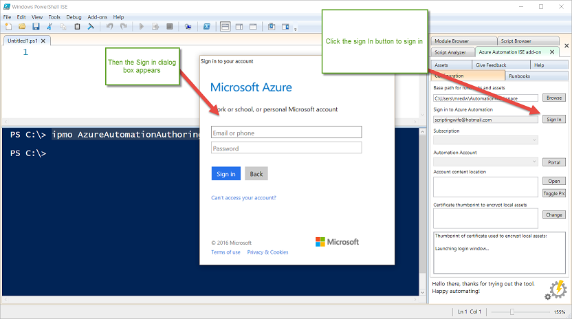 Screenshot of the dialog box to sign in to Azure Automation.