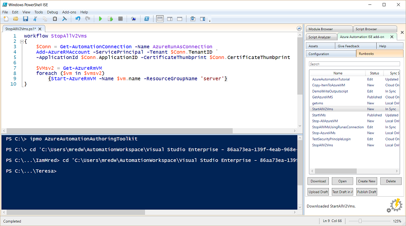 Screenshot of code from StartAllV2Vms workflow that’s pasted in the StopAllV2VMs workflow.