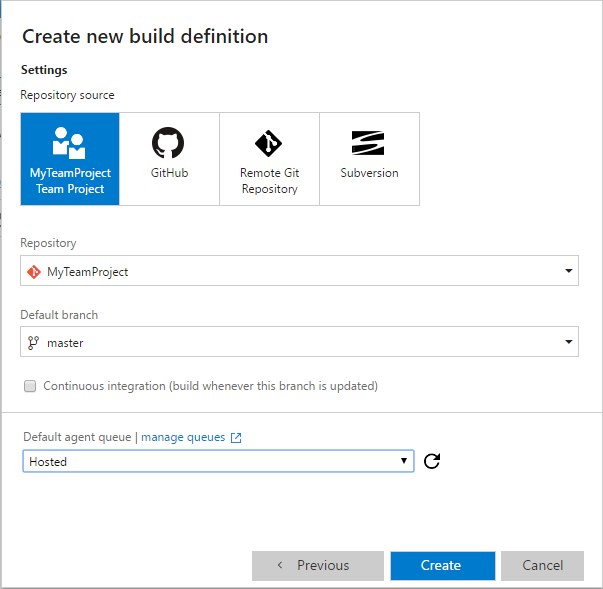 create new build definition