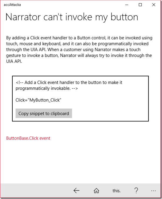 accAttacka showing a page with a snippet for setting a Click event handler on a Button.