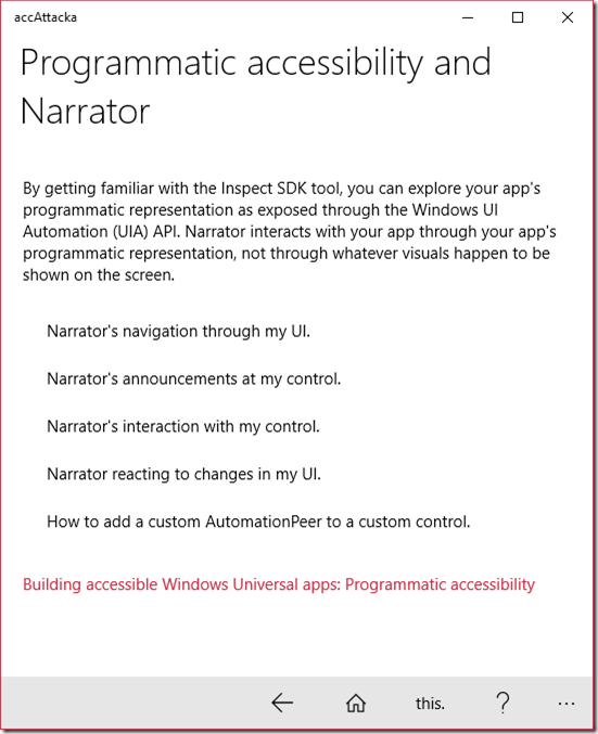 accAttacka showing a page titled "Programmatic accessibility and Narrator". The page has five choices.