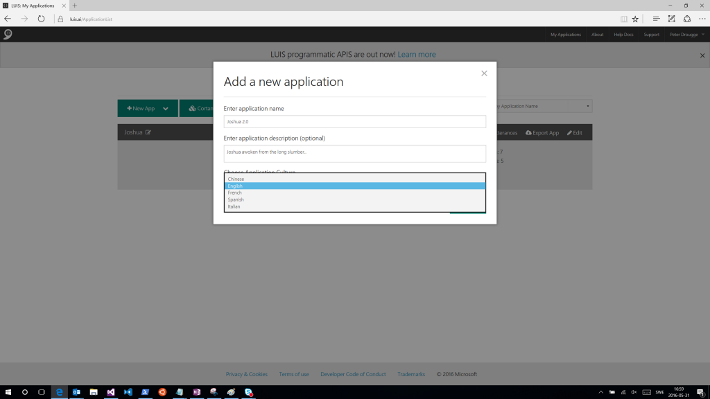 luis add a new application dialog