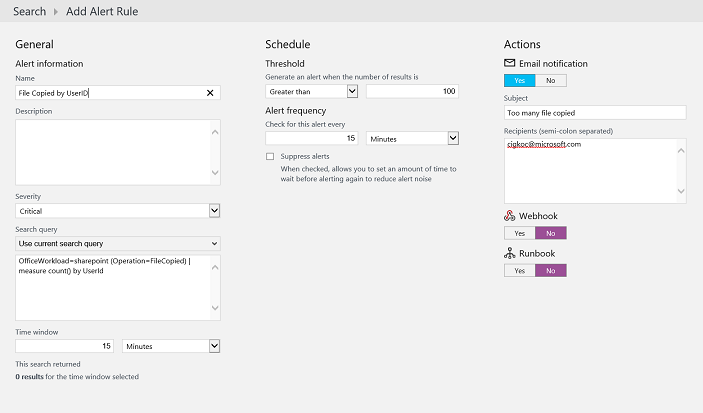 Screenshot of and Add Alert Rule page where you create alerts for queries.