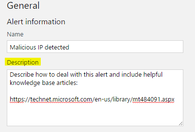 Screenshot that shows the Description field where you can add a description in your alert.