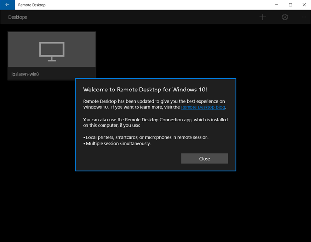 Screenshot of the Remote Desktop for Windows 10 upgrade dialog. Photo: Jim Galasyn