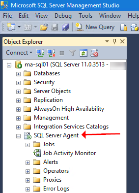 Screenshot of SQL Server Agent in Object Explorer.