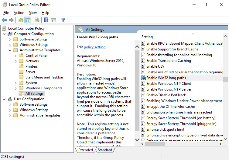 Enabling Win32 long paths in the policy editor.