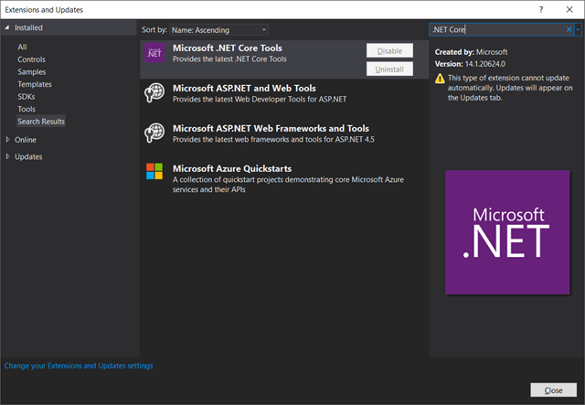Screenshot of the Extensions and Updates dialog in Visual Studio 2015. The .NET Core Tools are highlighted. Graphic: Microsoft