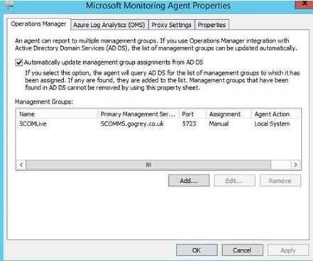 Screenshot of the updated tabs in the Microsoft Monitoring Agent Properties dialog box in Control Panel.