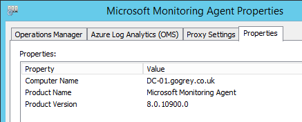 Screenshot of values in the Properties tab of the Microsoft Monitoring Agent Properties dialog box in Control Panel.