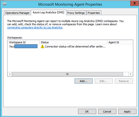 Screenshot of the Azure Log Analytics (OMS) tab and a warning message.