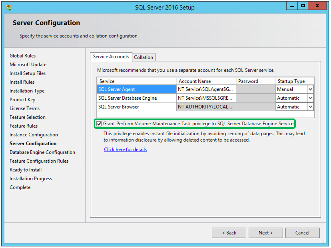 Figure 1: Option to enable instant file initialization while installing SQL Server 2016