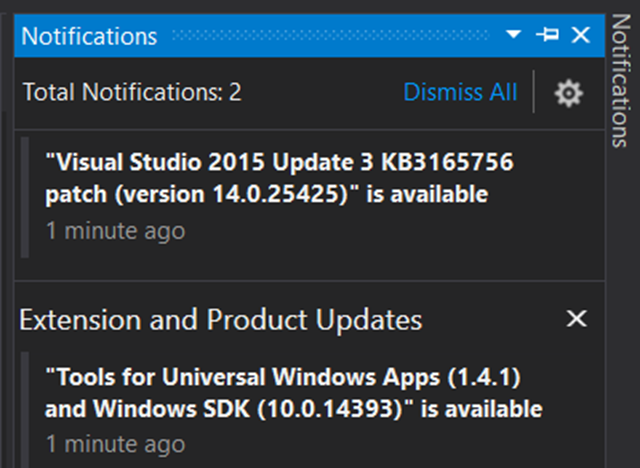 Screenshot of the Visual Studio 2015 notifications pane, showing the 'Windows 10 Anniversary Update SDK' and 'Tools for Universal Windows Apps and Windows SDK', released on 2 August 2016. Graphic: Microsoft