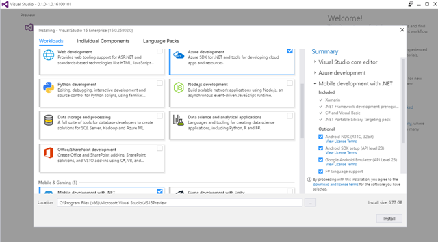 Screenshot of the Visual Studio '15' Preview 5 installation page, with the 'Visual Studio core editor', 'Azure development', and 'Mobile development' components selected. Graphic: Microsoft