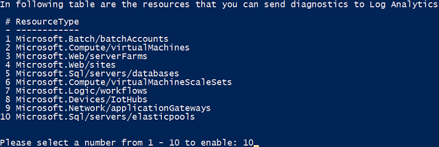 Select the Azure Resource Type that you want to enable