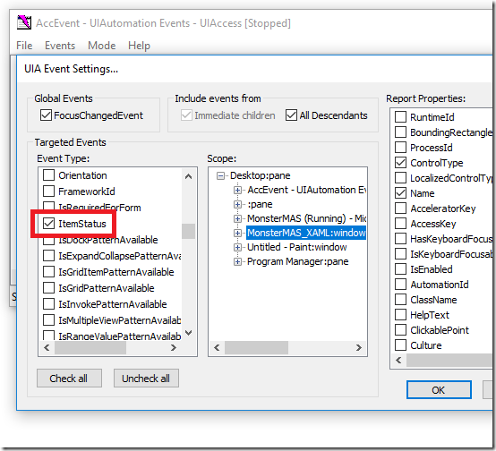 The AccEvent SDK tool’s Settings window, with the ItemStatus property list item highlighted.