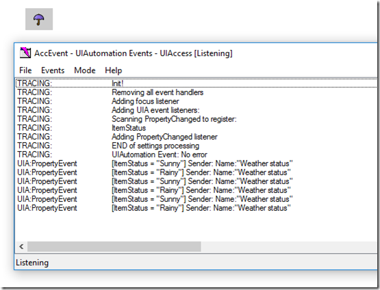 The AccEvent SDK tool showing the new ItemStatus associated with ItemStatus property change events.