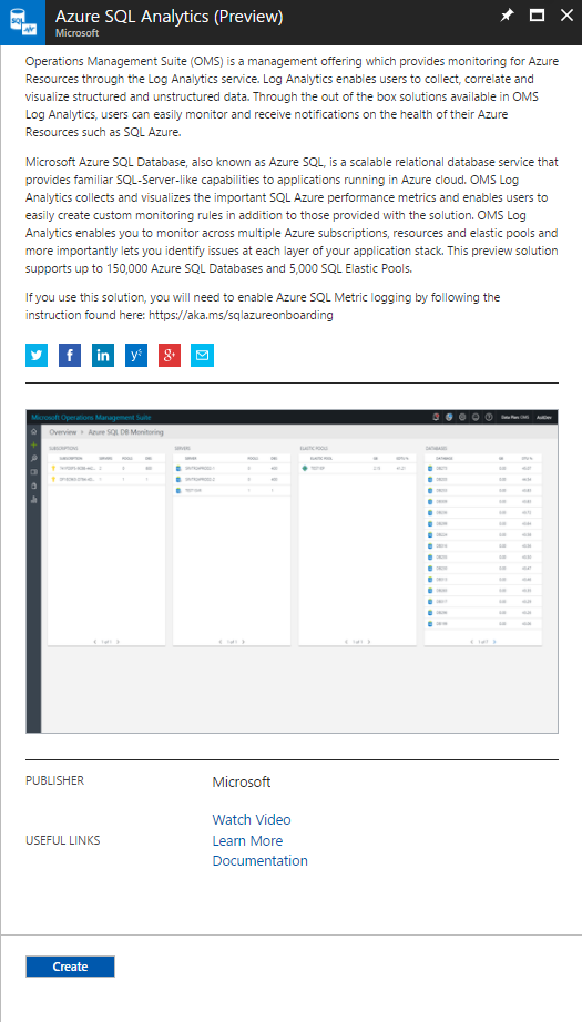 Screenshot of Azure SQL Analytics (Preview), with Create button