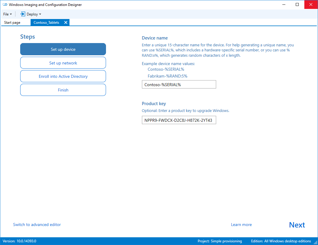 First screen of the WICD simple provisioning wizard asking where we can configure device name and product key