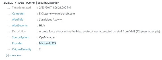 The OMS Security event log shows a log event when Advanced Threat Analytics os integrated with OMS Security