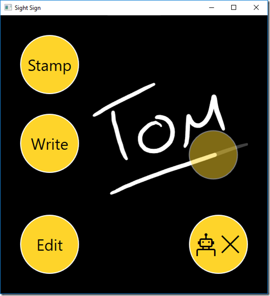 The Sight Sign app showing a signature saying “Tom” and is underlined. A translucent dot is tracing out the signature.