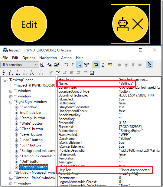 The Inspect SDK tool showing the UIA Name and HelpText properties exposed by the Settings button. The Name is “Settings” and the HelpText is “Robot is disconnected”, and both are highlighted in the screenshot.