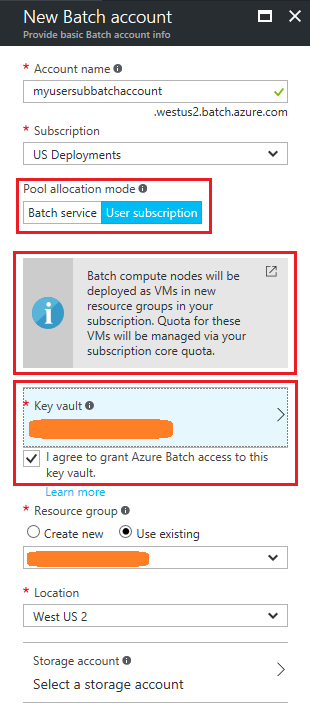 User Subscription Batch Account