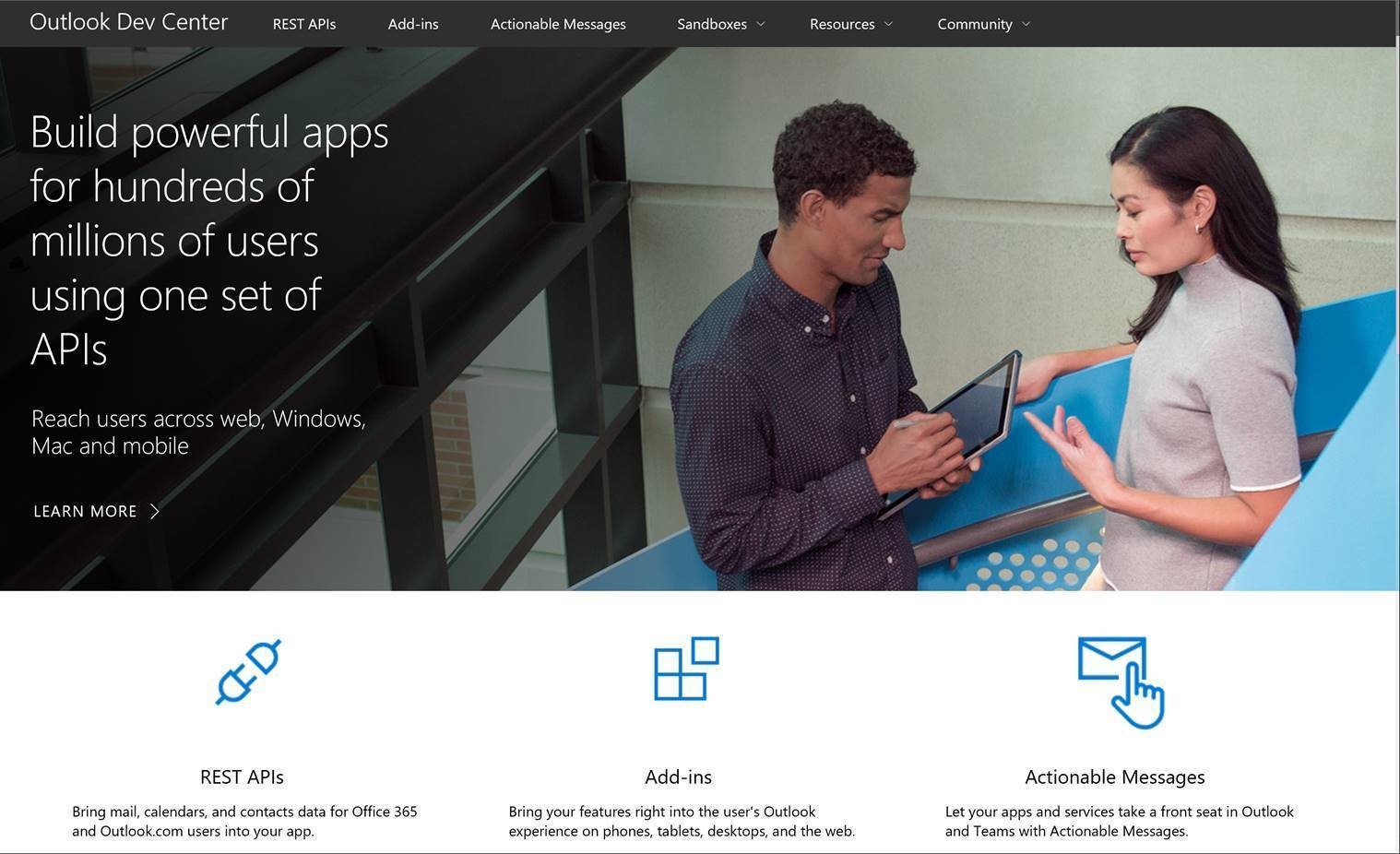 A screenshot of the new Outlook developer portal