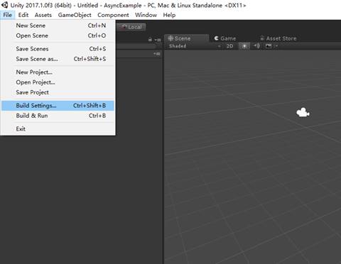 unity 20170 ℃ f 彐 〔 545 - Untitled - AsyncExample PC, Mac & Linux Standalone < OXI 1 > File Edit Assets GameObJect Component Window Help New Scene Open Scene Save Scenes Save Scene as … New Projectm Open Projectm Save Project Build Settingsm Build & Run Ctrl+N Ctrl+O *Scene Ctrl+S Ctrl+Shift+S Ctrl+Shift+B Ctrl+B 《 G m e Asset Store 