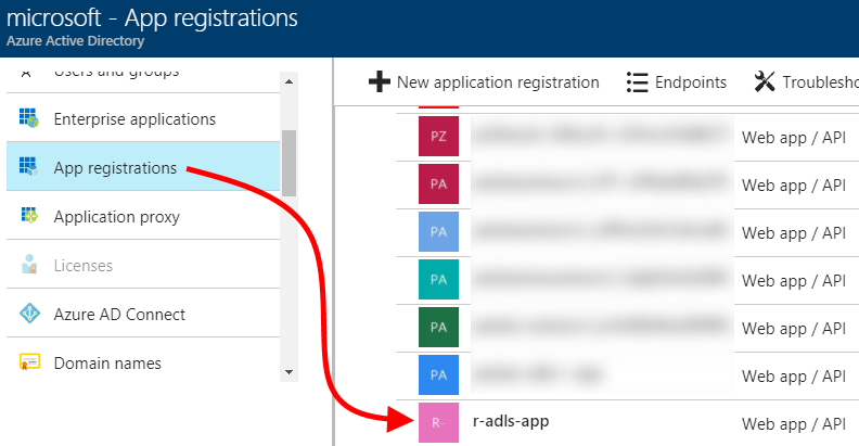 Newly created Azure Active Directory application registration shown in list in Azure portal