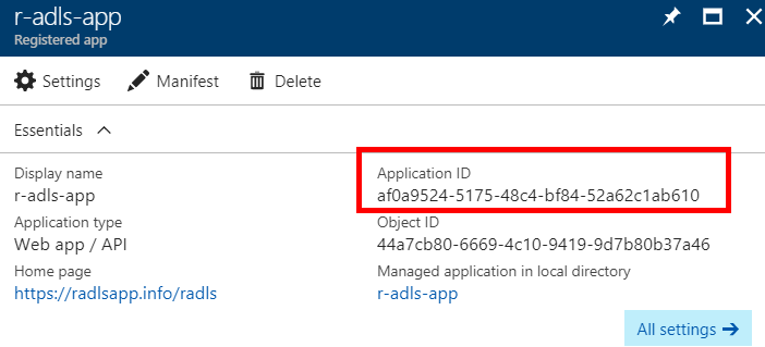 The Azure Active Directory application's Application ID shown in the Azure portal