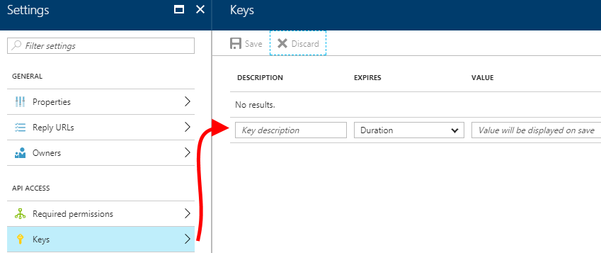 Create an Azure AD application key in the Azure portal