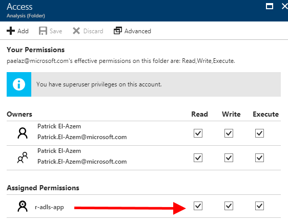 Verify ADLS folder permissions in the Azure portal