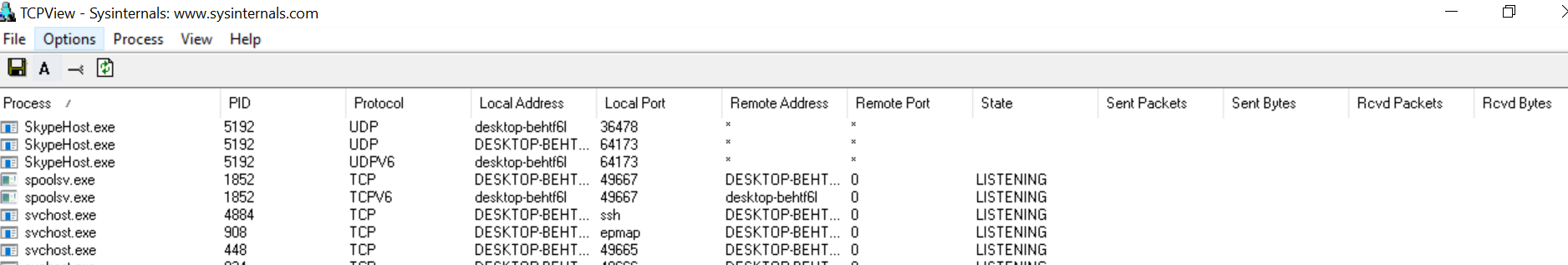 tcpview showing ports used by process