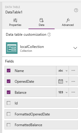 Data table customization - local collection