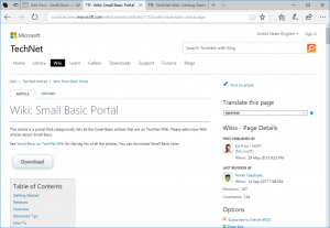 Screen shot of TechNet Wiki (Small Basic Portal)