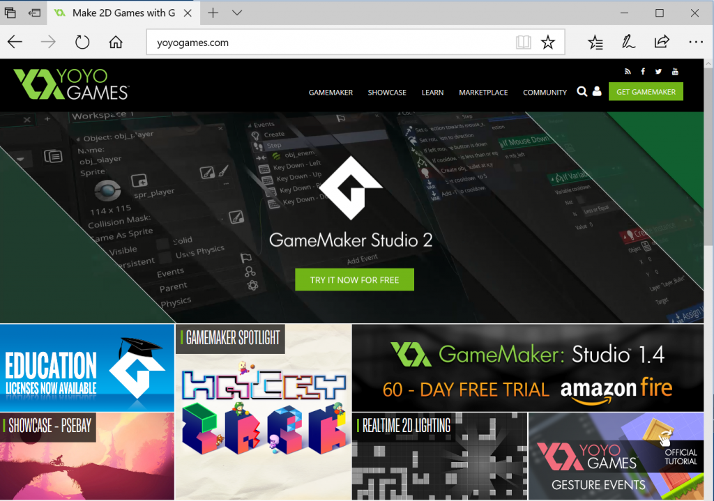 Screenshot of yoyogames.com as of October 2017