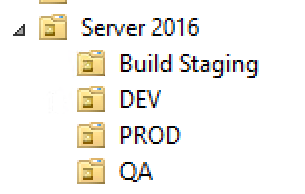 Screenshot of OU Structure with Server 2016 and four sub-OUs: Build Staging, DEV, PROD, QA