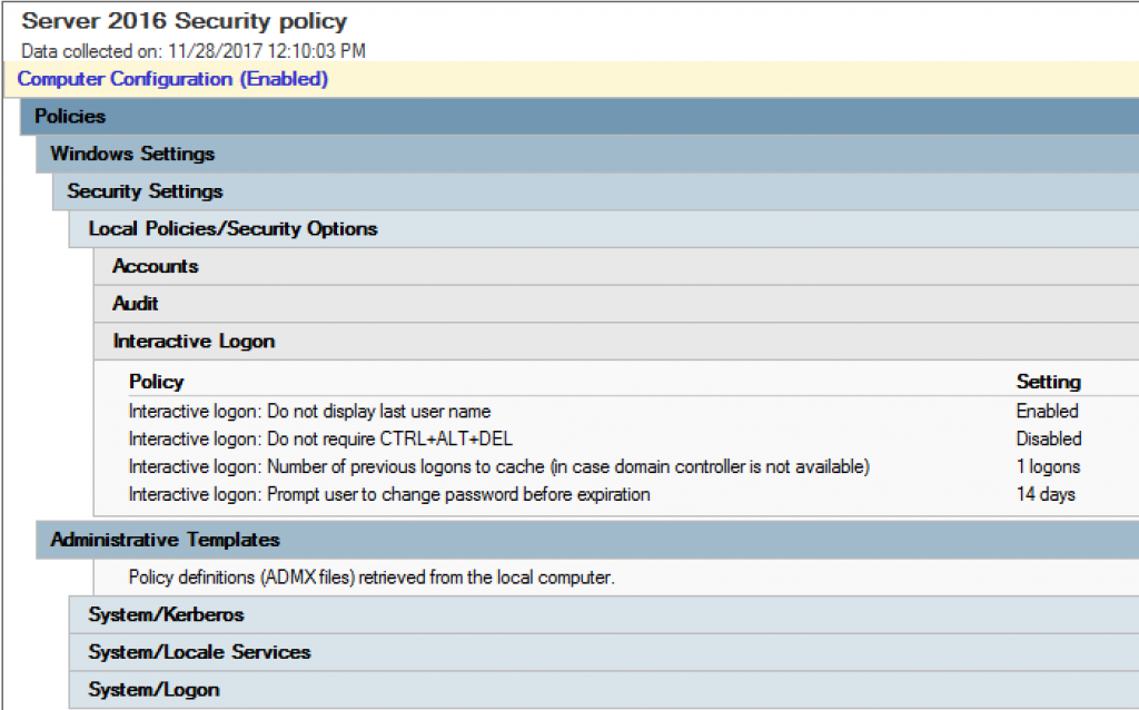 Screenshot of Server 2016 Security Policy group policy