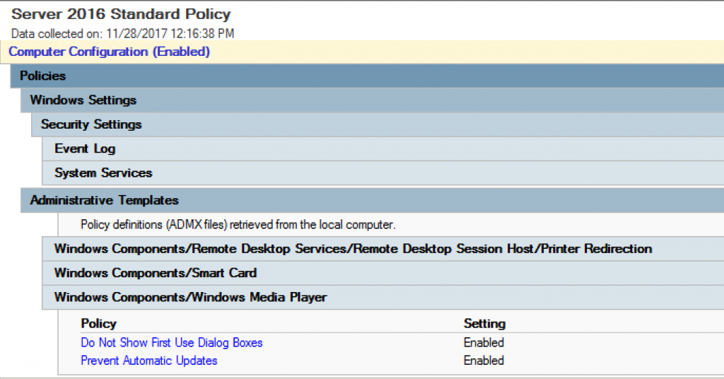 Screenshot of Server 2016 Standard Policy group policy