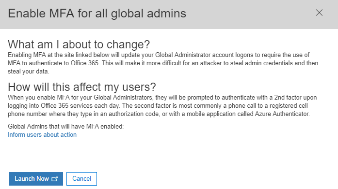 Details von "Enable MFA for all admins"
