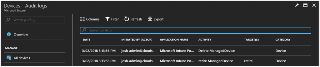 Screenshot of UI in Intune Azure portal of the Intune device audit logs. Shows that an admin initiated delete and retire commands